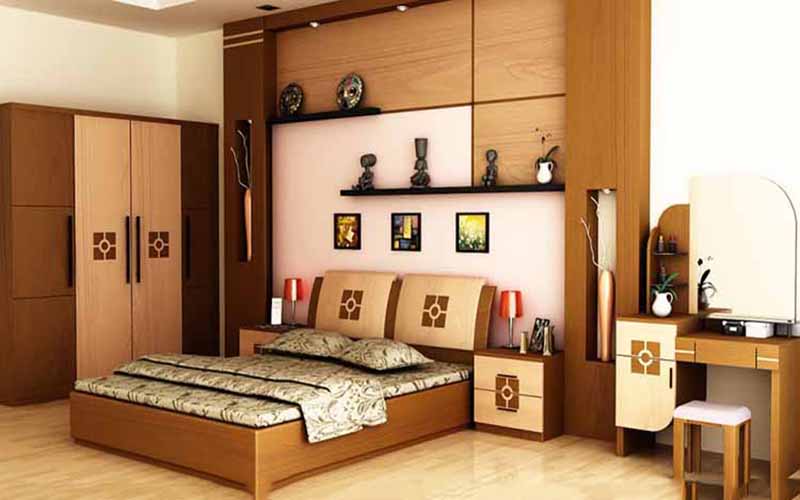 Thiết kế phòng ngủ với nội thất và tường làm từ gỗ sồi